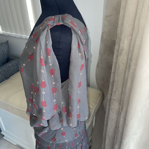 Hype Anthropology Dress Silk Gray Floral Print Lined Pleated Cinch Waist 6 - Picture 4 of 9